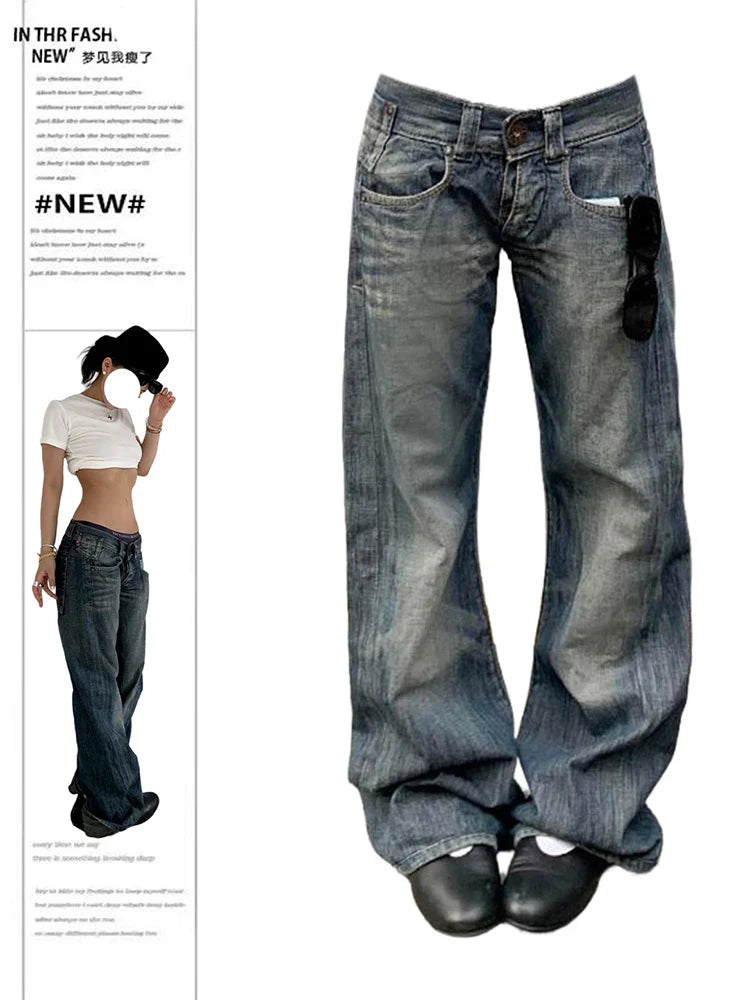 2025 Autumn Winter Women's Low Rise Denim Pants Vintage Simple Y2K Baggy Wide Fit Jeans Harajuku Cowboy Streetwear 2000s Japanes