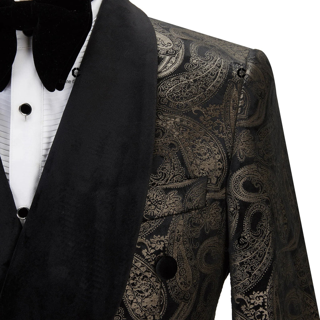 2023 Elegant Men's Suit for Wedding Tuxedo Double Breasted Black Paisley Jacket Velvet Lapel Pants 2 Pcs Set