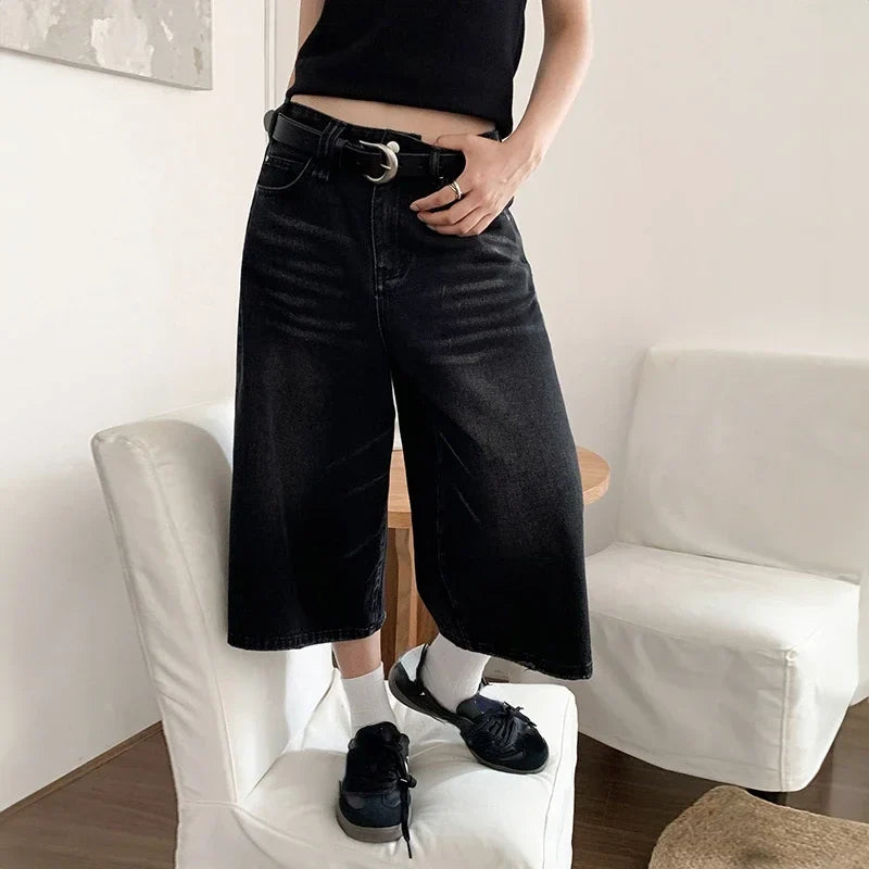 2026 Y2k Retro Women Low Rise Jorts Brushed Black Wash Cropped Baggy Jeans Wide Leg Frayed Denim Short Pants Fashion