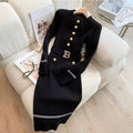 2025 Autumn Winter Women Knitted Dress Brand Fashion O-neck Buttons Bodycon Sweater Dress with Belt Lady Office Dress