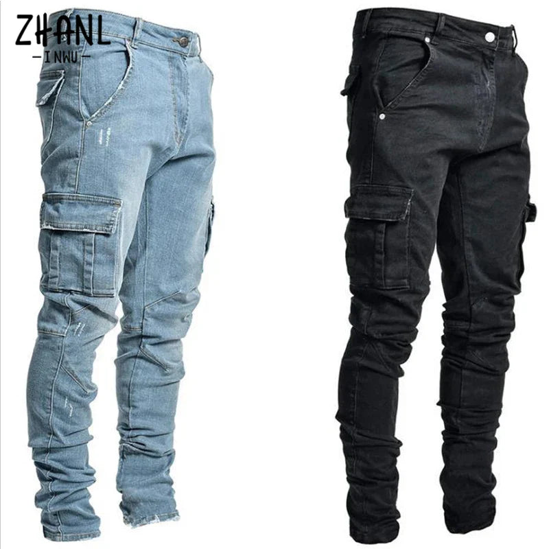 Pants Wash Solid Color Multi Pockets Denim Mid Waist Cargo Jeans