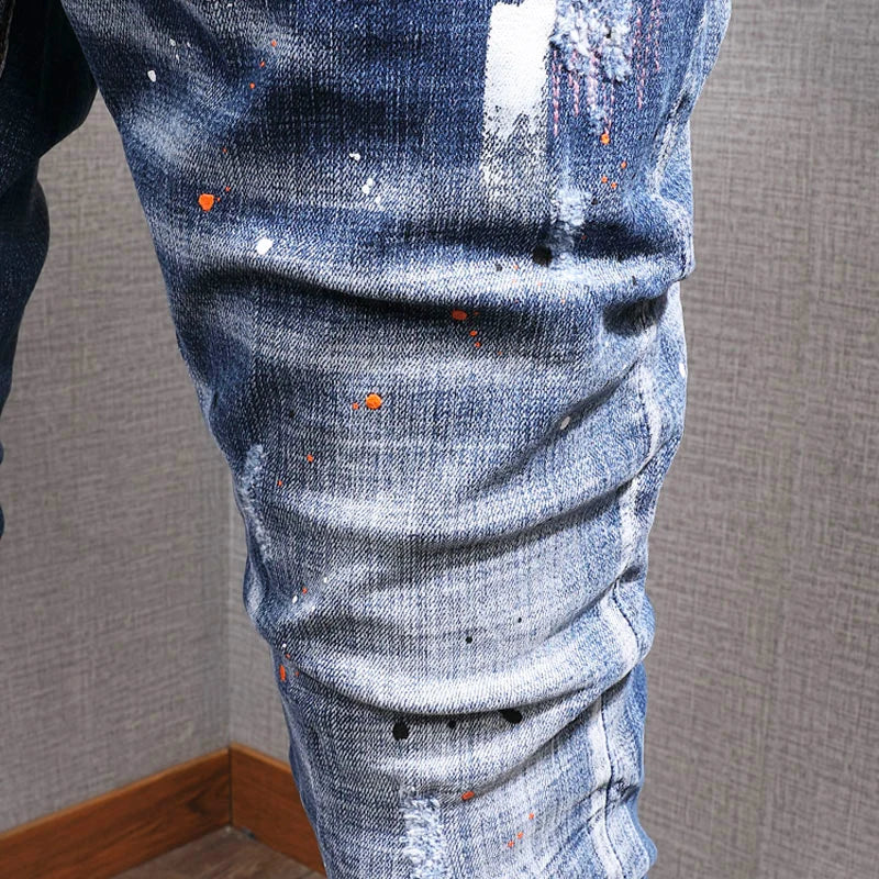 Fashion Streetwear Men Jeans Retro Blue Elastic Slim Fit Ripped Jeans