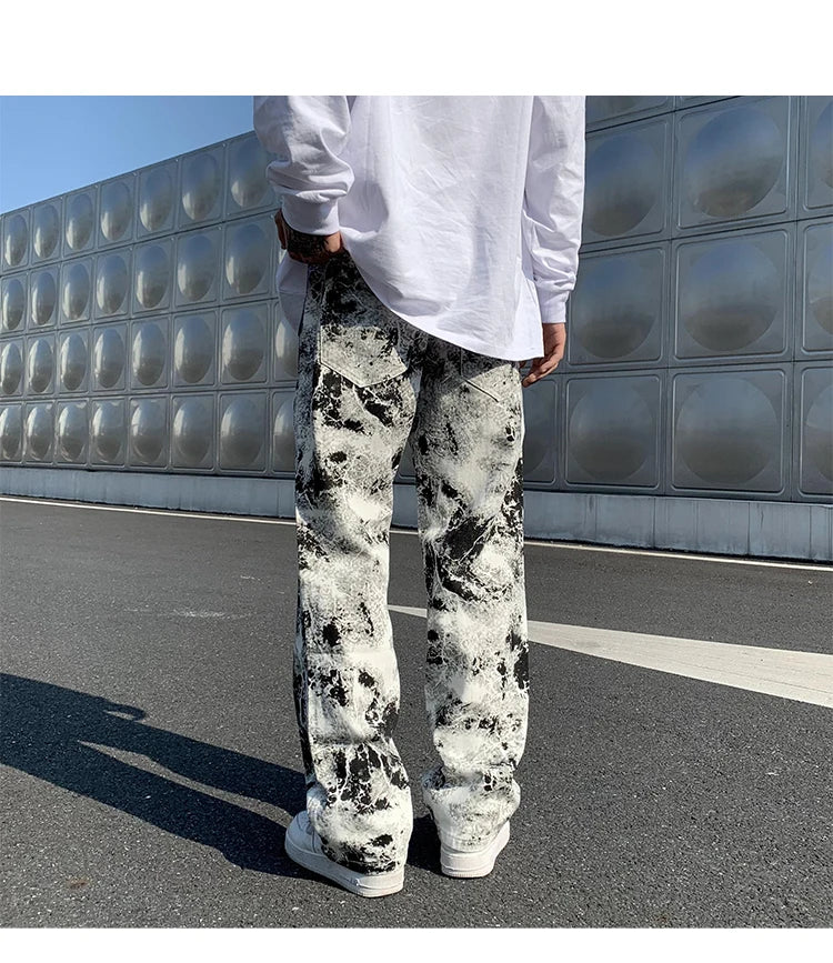 Printed jeans Unisex Elastic waist Spring 2025 Mopping Trousers Jeans Mens Fashion Korean Style High Street Loose Hip Hop Pants