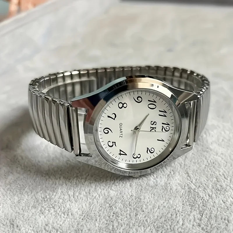 1pcs Vintage round pointer quartz watch classic analog elastic band watch for ladies