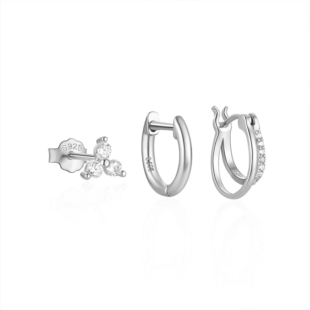 925 Sterling Silver 3PCS Zircon Double Layer Hoop Earrings For Women Minimalism Ins Earrings Fine Jewelry Party Gift