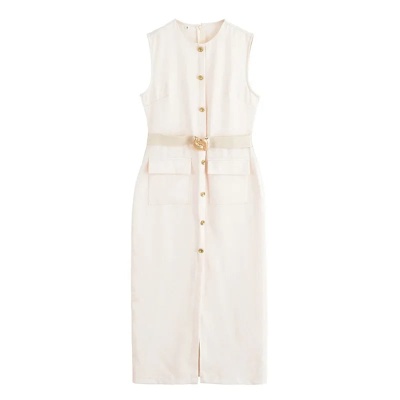 2025 Womens Dresses Black Office Long Dresses for Women Spring Sleeveless Midi Dress Woman Belt Button Women's Dress Vest
