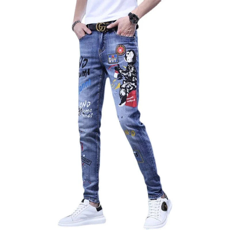 Printed Jeans Men's Korean Brand Embroidery Badge Cowboy Pencil Pants
