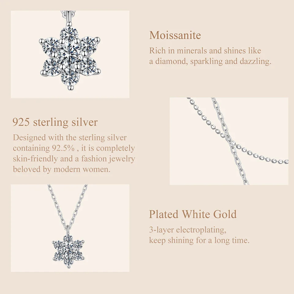 Double-layer Moissanite Necklace for Women, 925 Sterling Silver Snowflake Pendant Necklace for Women Dazzling Winter Gift