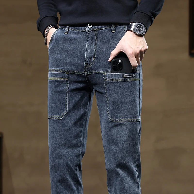 Versatile Six-Pocket Design Jeans Men's Loose Straight Leg Pants Stretchy Comfortable for Outdoor Hiking Activities All Seasons