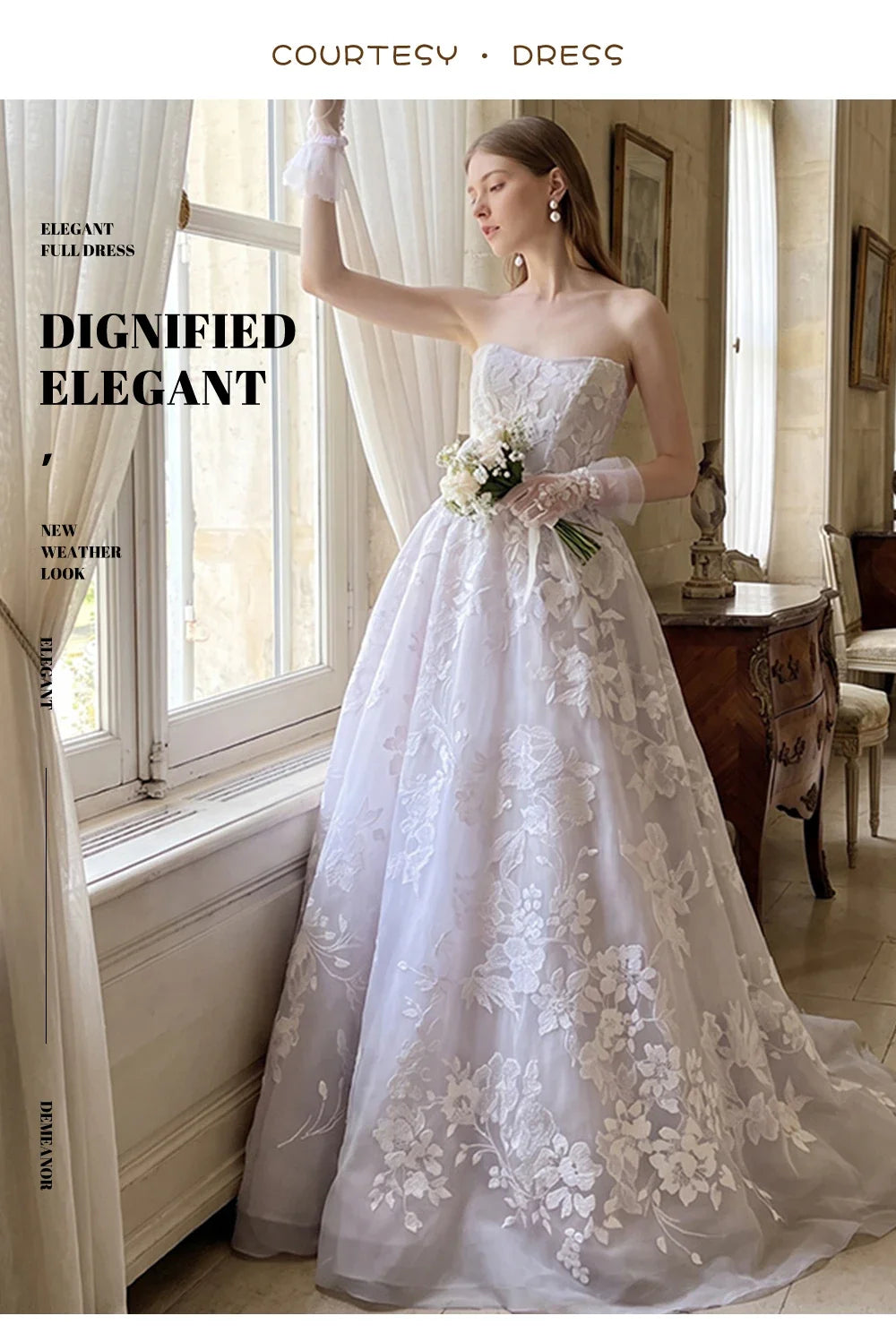2026 Elegant Strapless Wedding Dress 3D Floral Lace Applique Tulle Ball Gown Court Train Bridal Gown Custom Size Vestidos