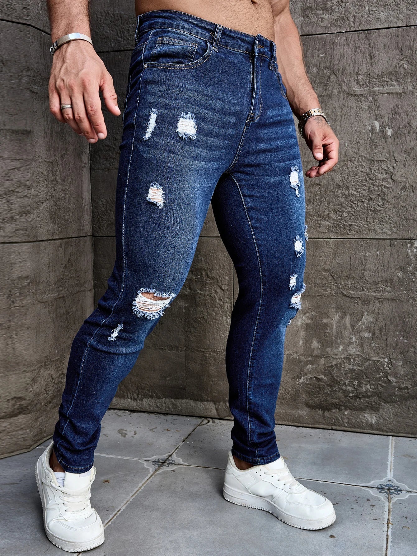 Men's Deep Blue Skinny Fit Ripped Stretch Denim Jeans Versatile and Easy Match Men's Pants Elastane Fabric Everyday Wear