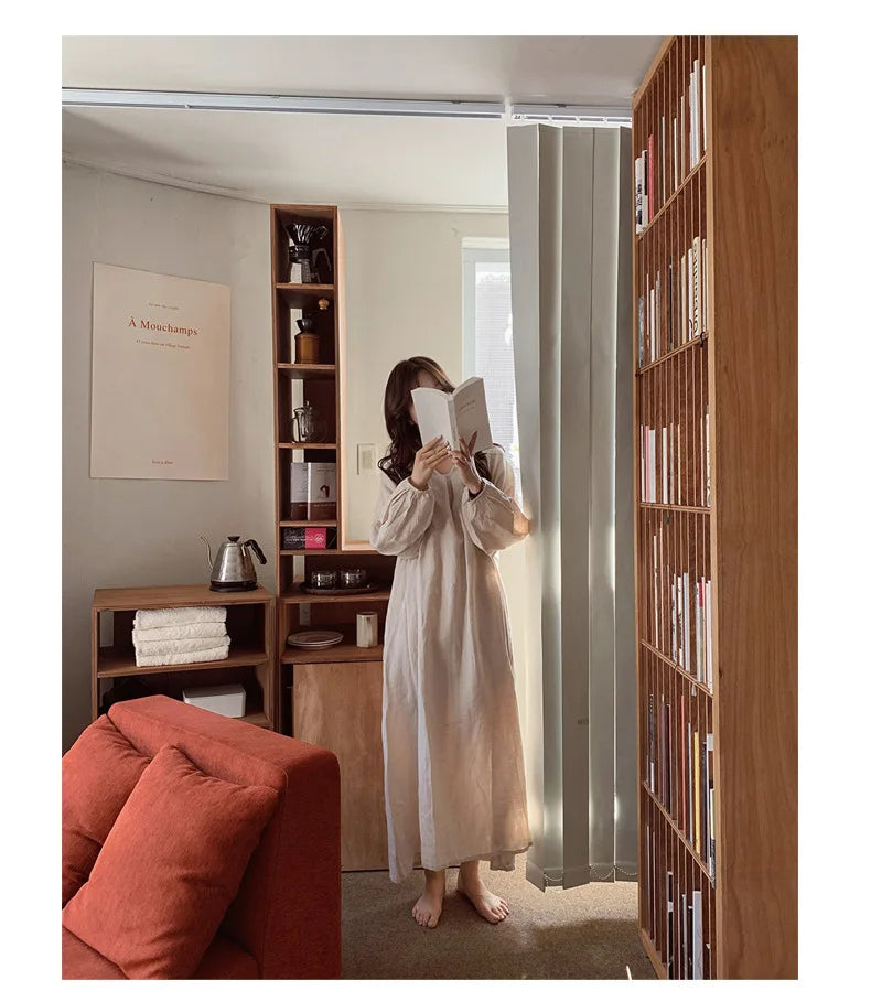 Vintage 100% Cotton Women Dress V Neck Long Sleeve Korean Jananse Pajama Dresses Ladies Comfortable Homewear Wearable Outside