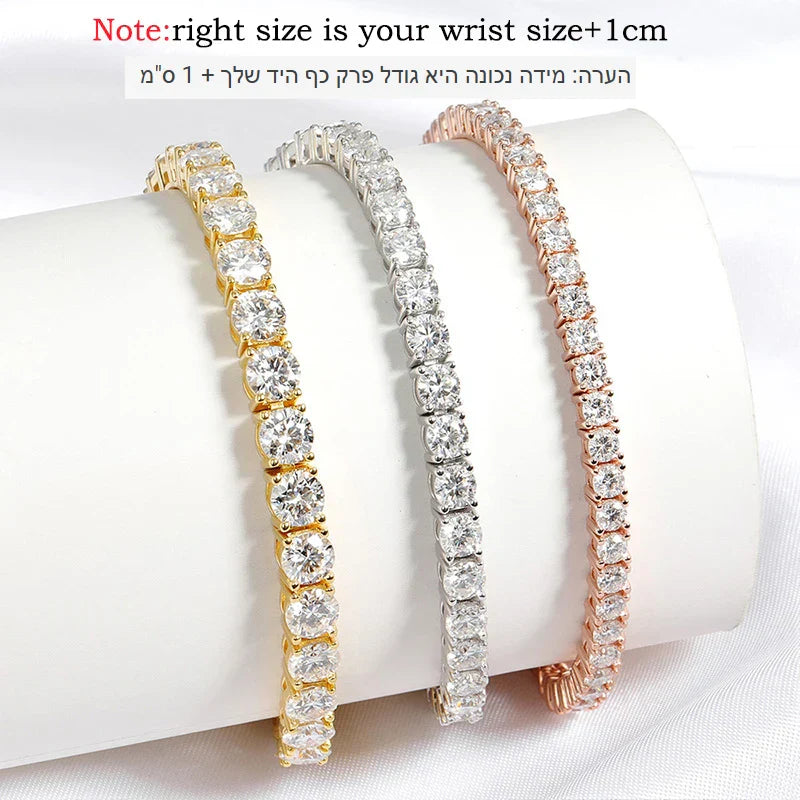 18k Gold Plated Moissanite Tennis Bracelet for Women 3/4/5mm Classic 925 Sterling Silver Certified Bracelet for Men Chain