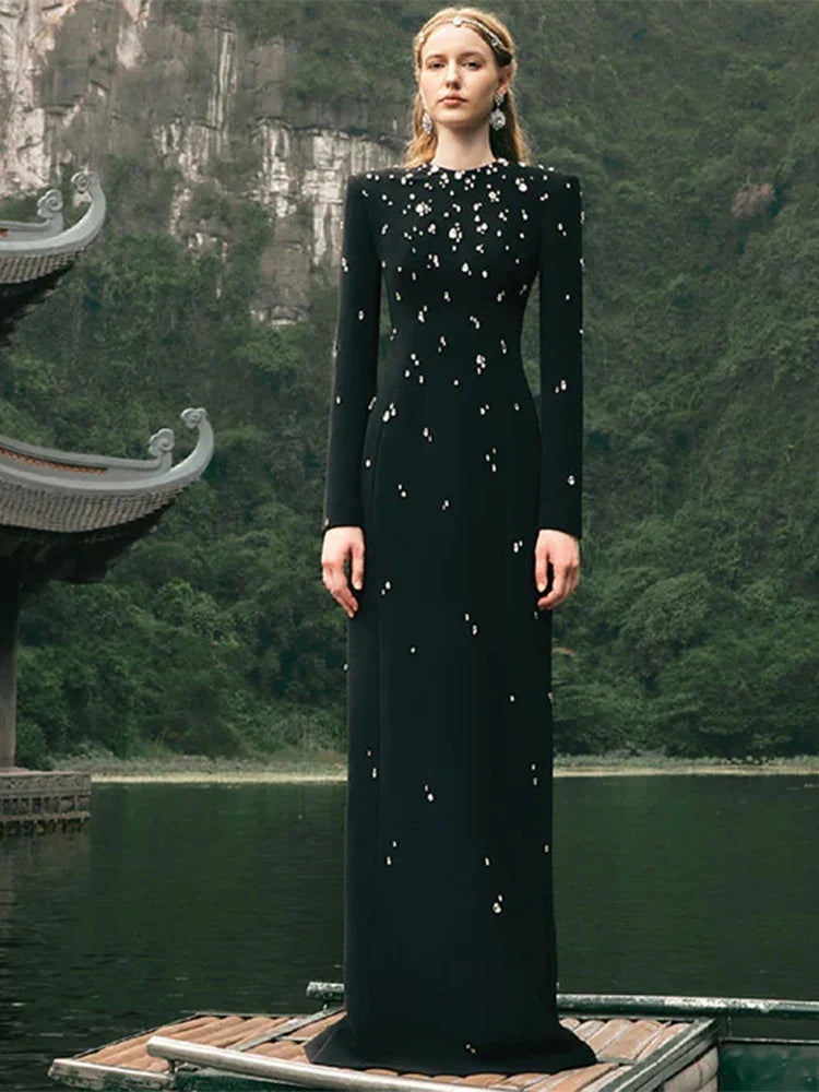 Newest 2026 Designer Fashion Women's Rhinestone Diamonds Beaded Long Maxi Dress