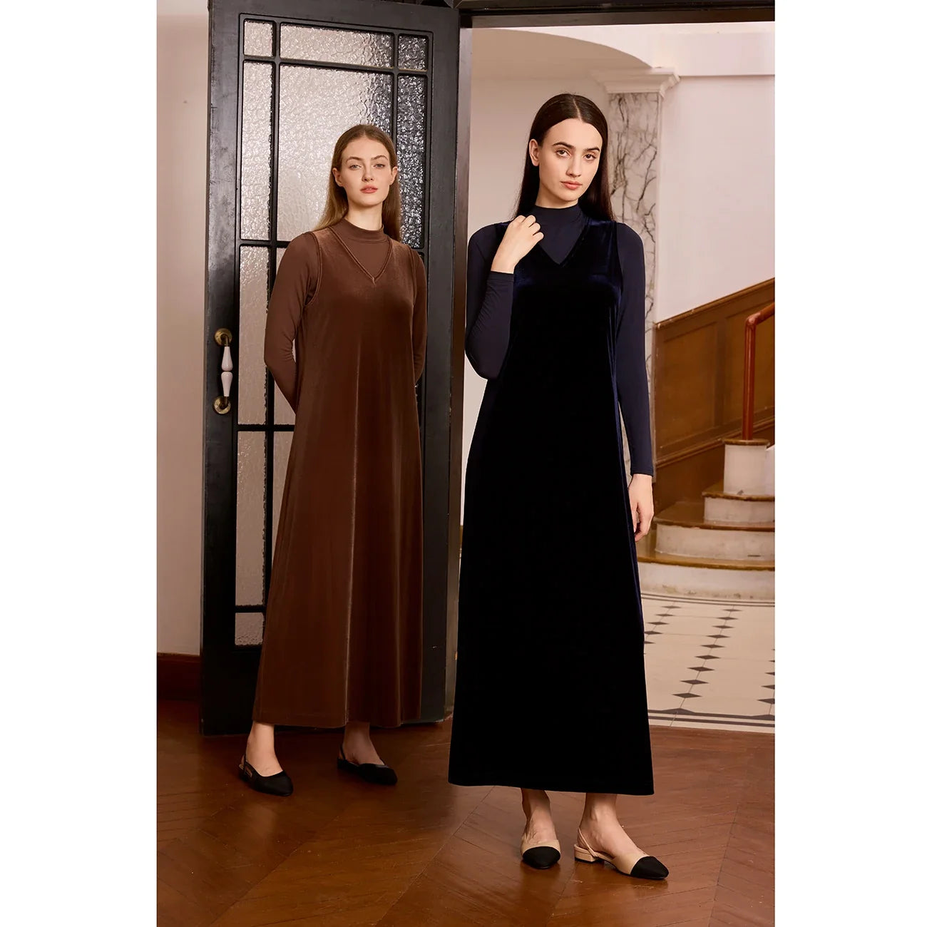 Women 2026 Autumn and Winter Modal Mesh Shirt and V Neck Velvet Maxi Dress High Quality
