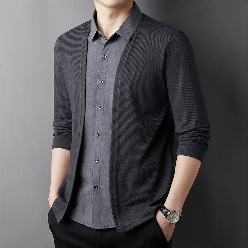 Men's Casual Long Sleeved Shirt Fake Two Piece Comfortable Outdoor Cardigan Korean Version Solid Color Fashionable Versatile Top