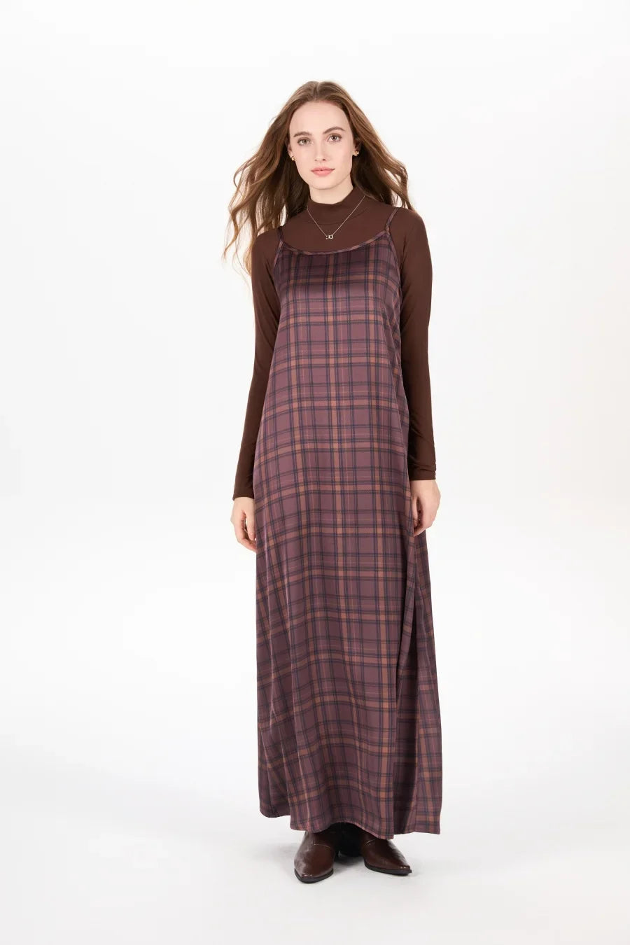 AW25 woman clothing mockneck + elegance slip satin dress matching look adjustable maxi floor length lady wear