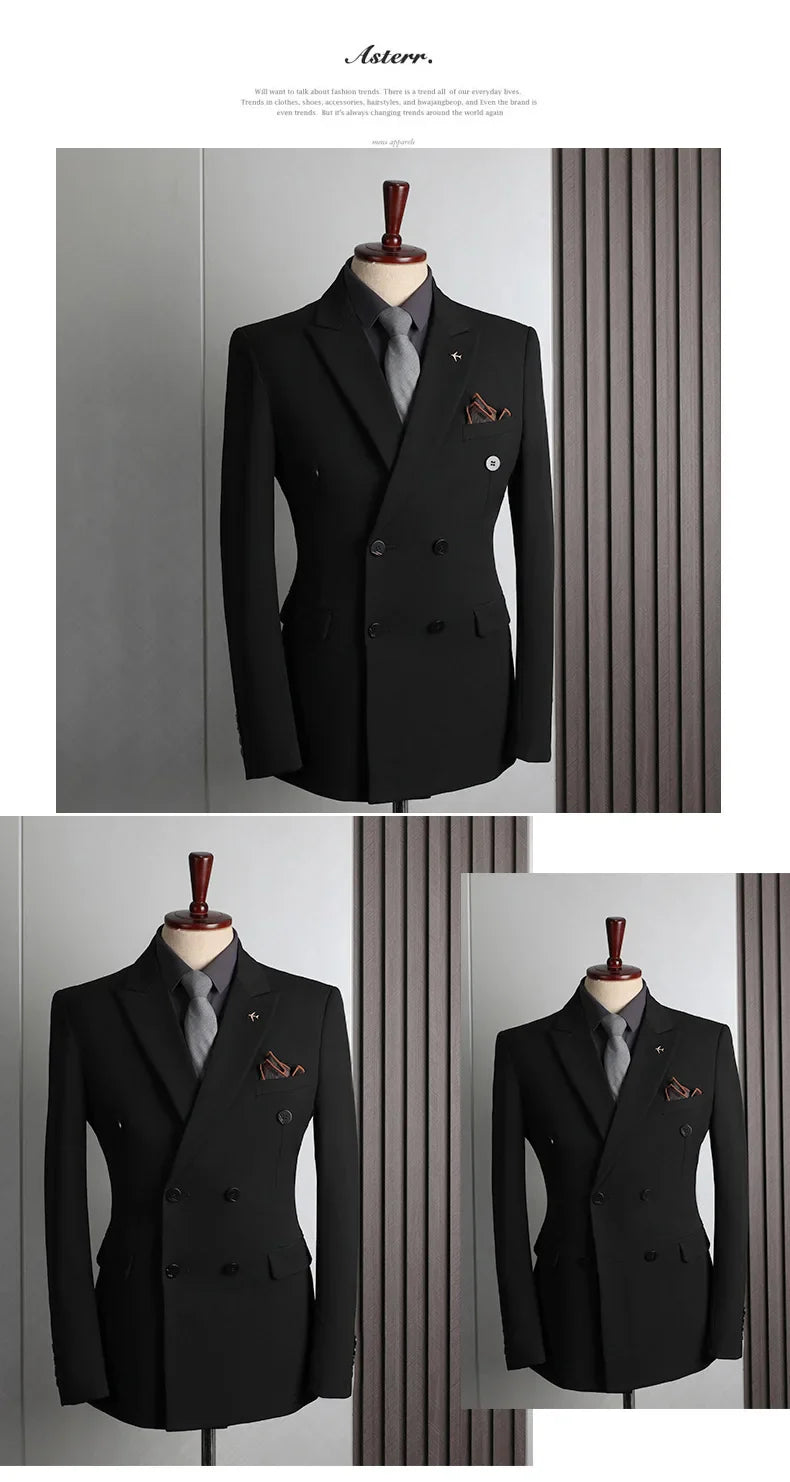 Man Suit Outfit Double-breasted Blazer Men V-neck Vest Straight-leg Pant Male Slim Business Wedding Three-piece Set