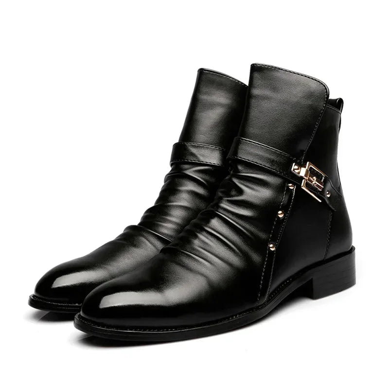 Chelsea Boots Men's High Top Leather Shoes Men Zipper Boot Pointed Ankle Boots Men's Motorcycle Boots Buckle Strap Winter Botas