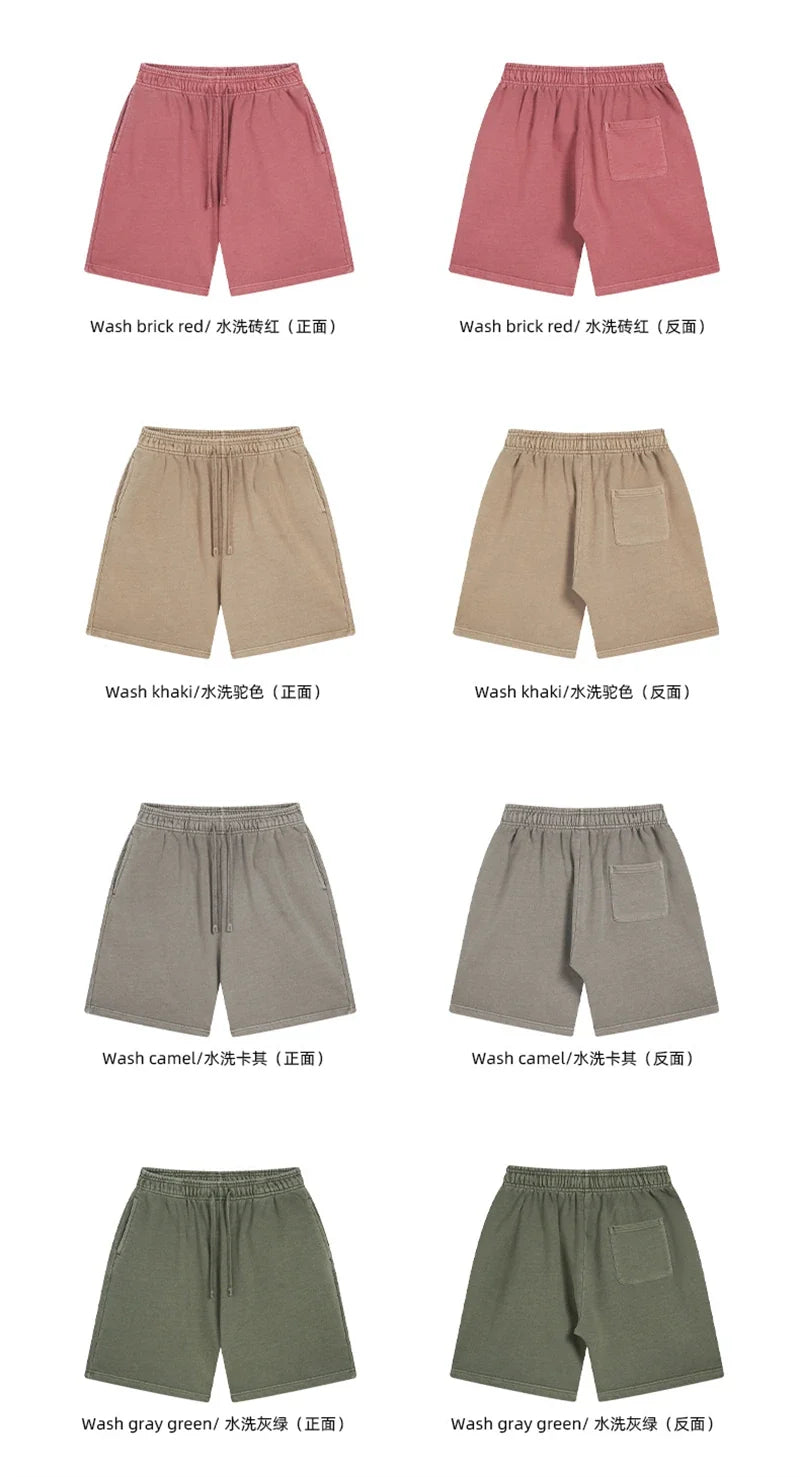 Fashion Summer Men 420gsm Washed Cotton Shorts Retro Unisex High Street Terry Knee Length Short Pants Streetwears HY0845