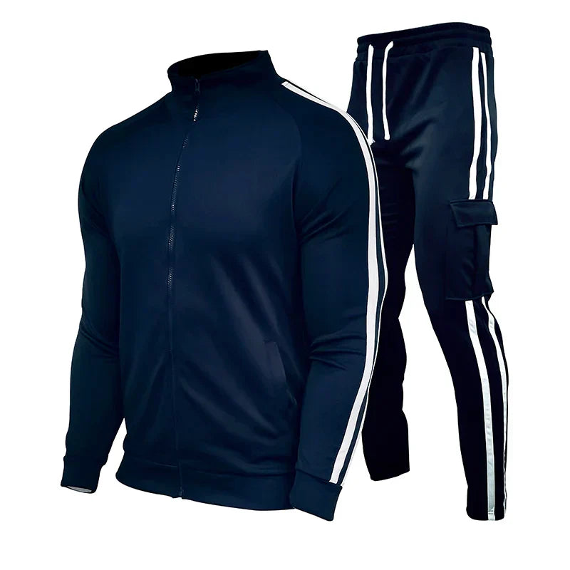Spring and Autumn Men's Cardigan Striped Stand up Collar Sports Set Outdoor Jogging Cycling Mountaineering Two Piece Set