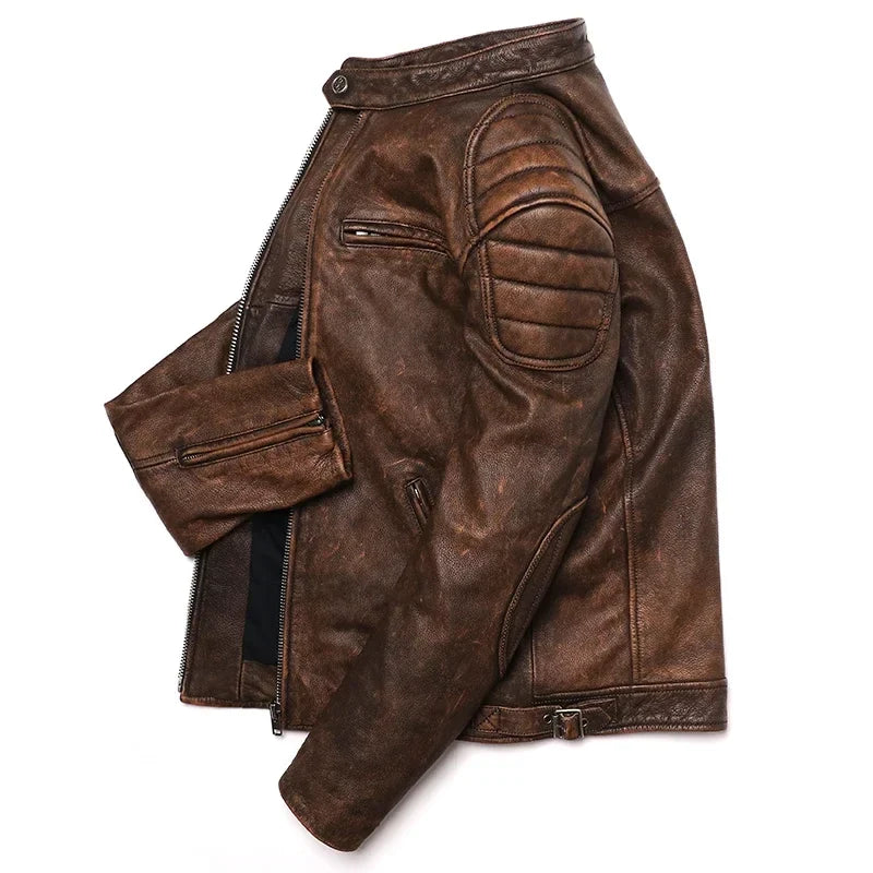 2025 Vintage Camel Yellow Genuine Leather Jacket Real Natural Cowhide Men Motorcycle Biker Coat Mens Slim Calf Skin Coat