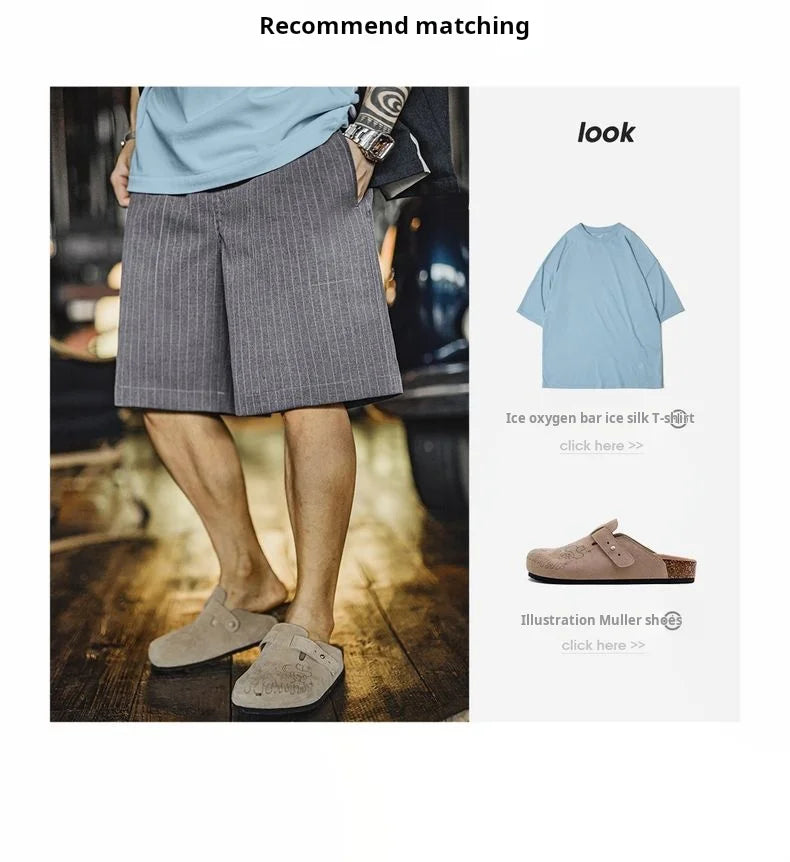 Men's Vintage Vertical Striped Suit Shorts Men's Summer Elastic Waist Straight Leg Office Shorts Business Casual Pants