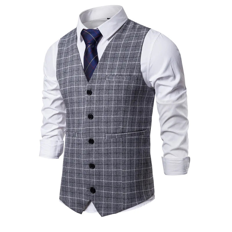 KIDWHXR 2026 Man Waistcoat Slim Plaid Business Casual Male Suit Vest V-neck Sleeveless Breathable Wedding Party Vest for Men