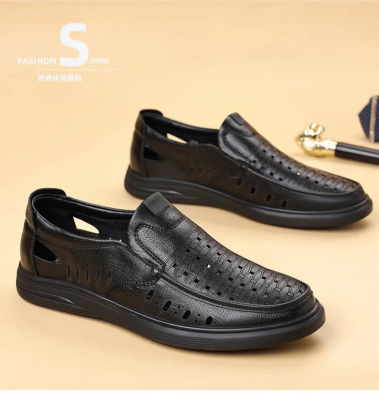 Spring Summer New Hallow Breathable Loafers for Men Fashion Casual Leather Shoes Male Solid Color Soft Sole Designer Shoes Man