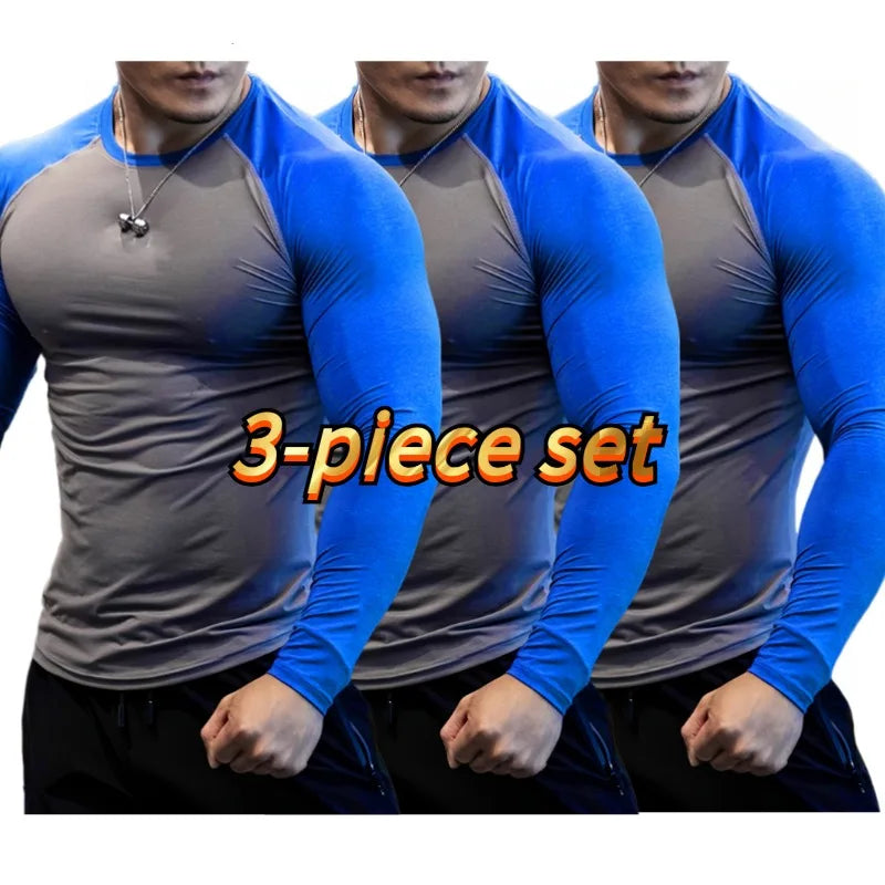 3-piece men's compression training suit, men's sun protection quick drying fitness suit, quick drying football basketball tight