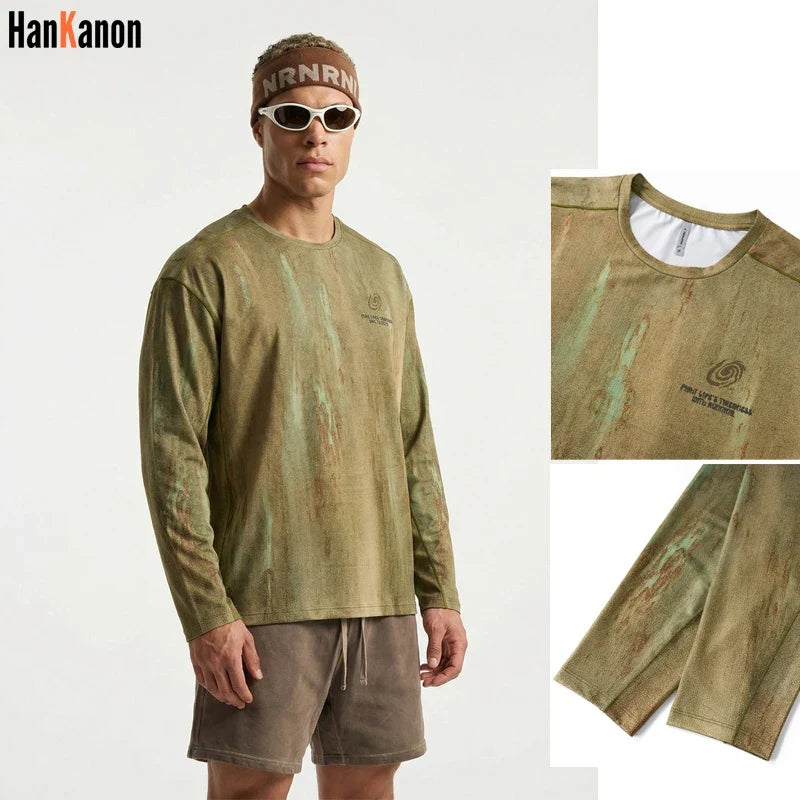 Men's Wasteland Style Long Sleeve T-Shirt - Distressed Digital Print & Loose Elastic Fit Casual Top Unisex