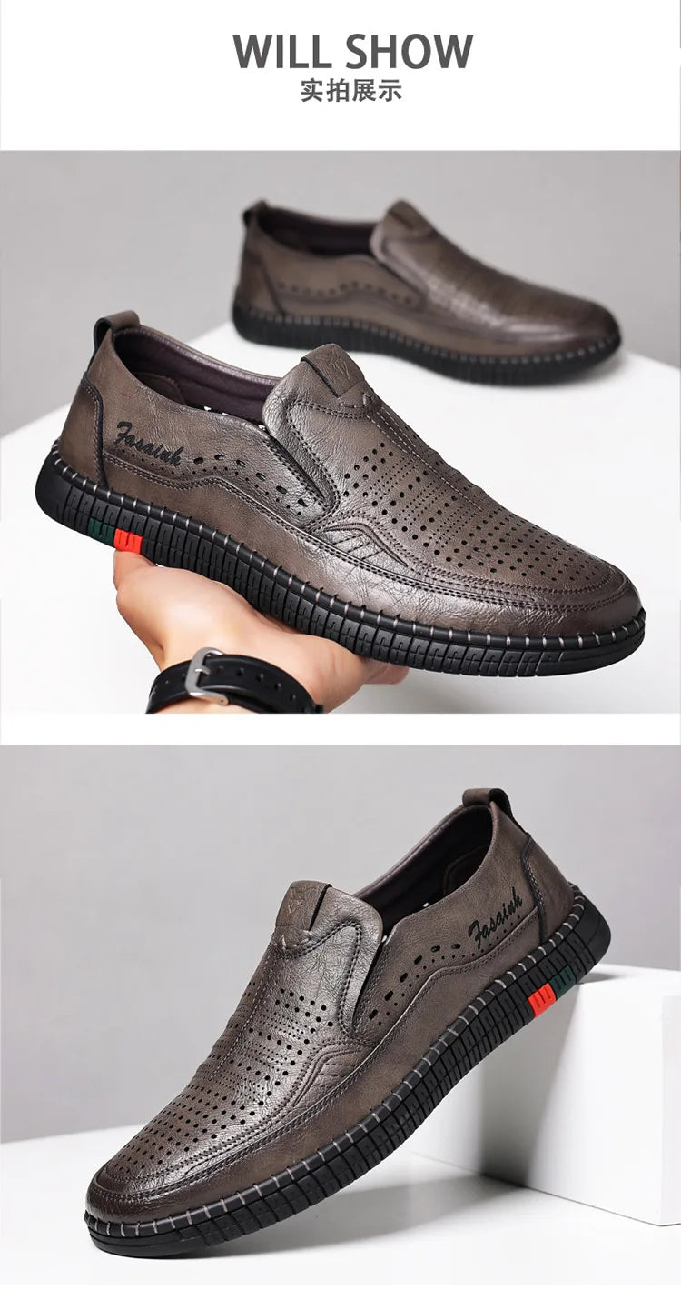 Summer New Breathable Hallow Leather Shoes for Men Solid Color Fashion Casual Driving Shoes Male Low Top Flat Shoes Man