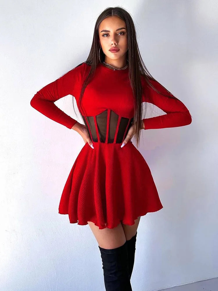 Fashion Solid Women's Mini Dresses A-Line Knitted Sheer Slim Fit Long Sleeves Bodycon O-Neck Party Streetwear Vestidos