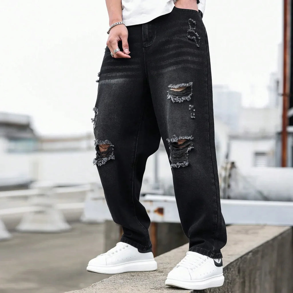 Men's Black Ripped Denim Harem Pants for Spring and Summer, Stylish and Minimalist, a Game - Changer for Lazy Outfits