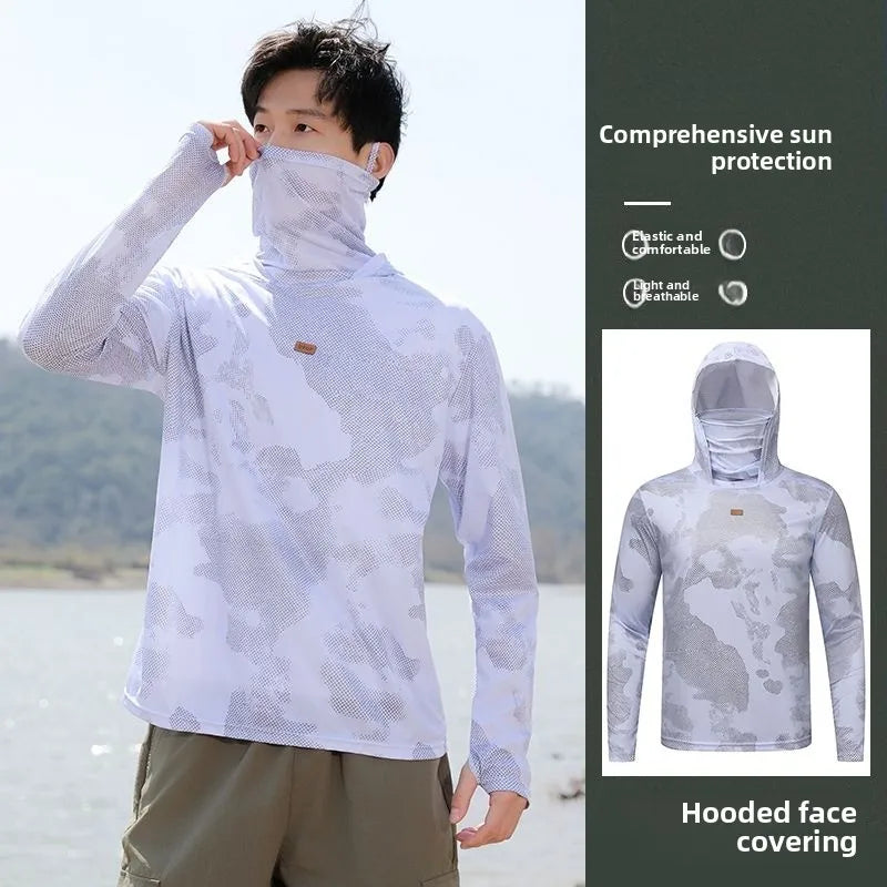 Mens UPF50+ T-Shirt Hoodie Tight Sports Casual Sun Protection T-Shirt Running Quick Dry Hoodie Sunscreen Fishing Men's Clothing