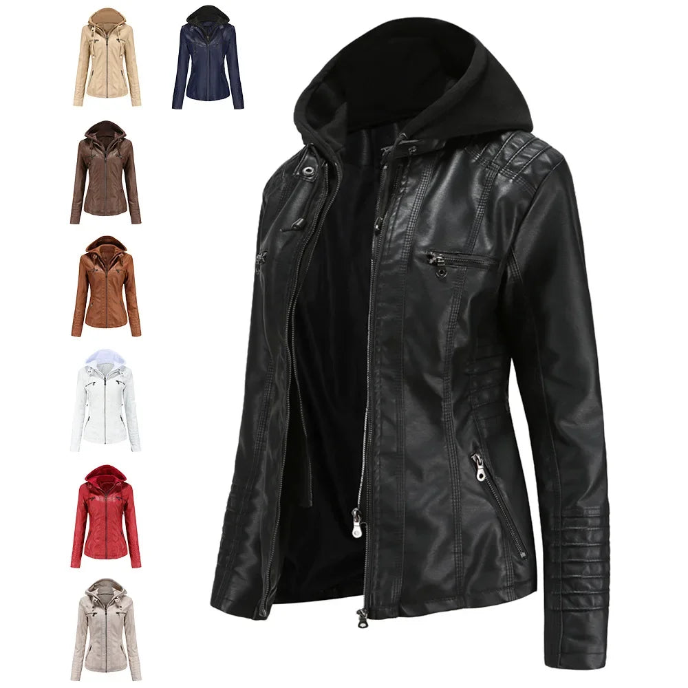Women’s hooded jacket coat set, detachable design, faux leather, spring autumn, regular fit, L–XXL