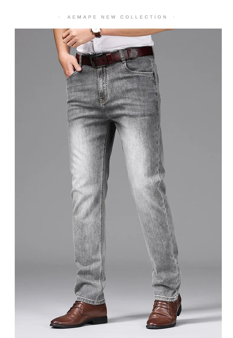 Spring/Summer 2023 Men's Gray Frayed Thin Jeans Classic Style Business Fashion Cotton Denim Stretch Pants Male Brand Trousers