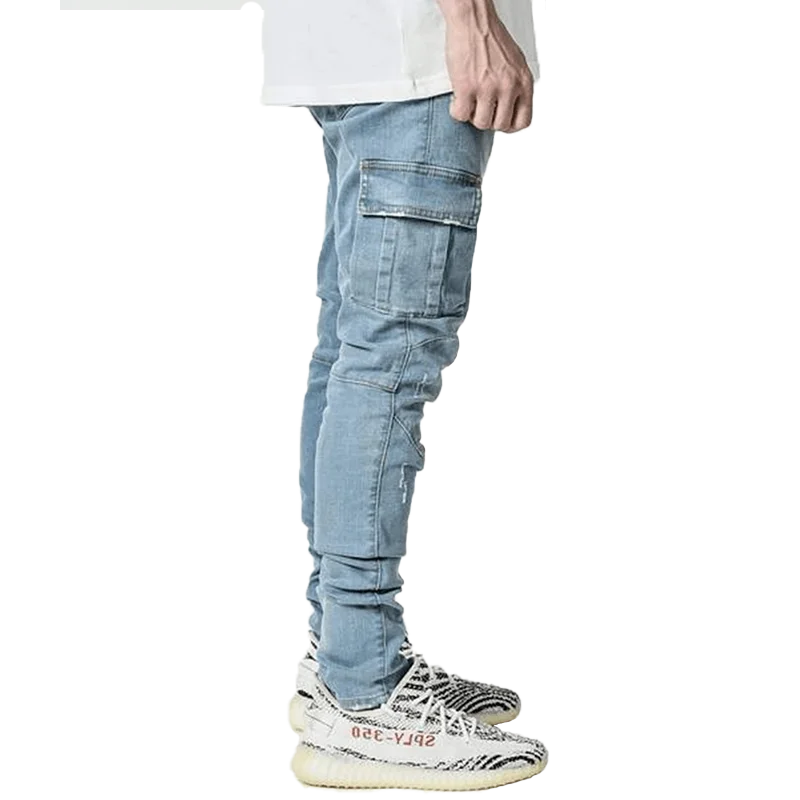 Jeans Men Black Cargo Pants Multi Pockets Blue Slim Fit Streetwear