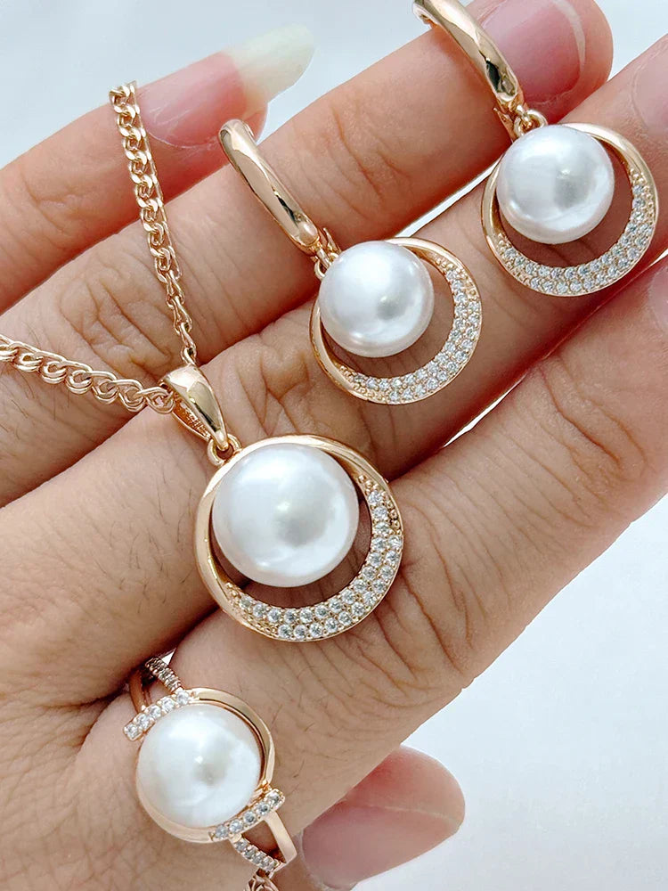 Fashion Geometry Pearl Ring Earrings Necklace for Women 585 Rose Gold Color With Natural Zircon Ethnic Wedding Jewelry