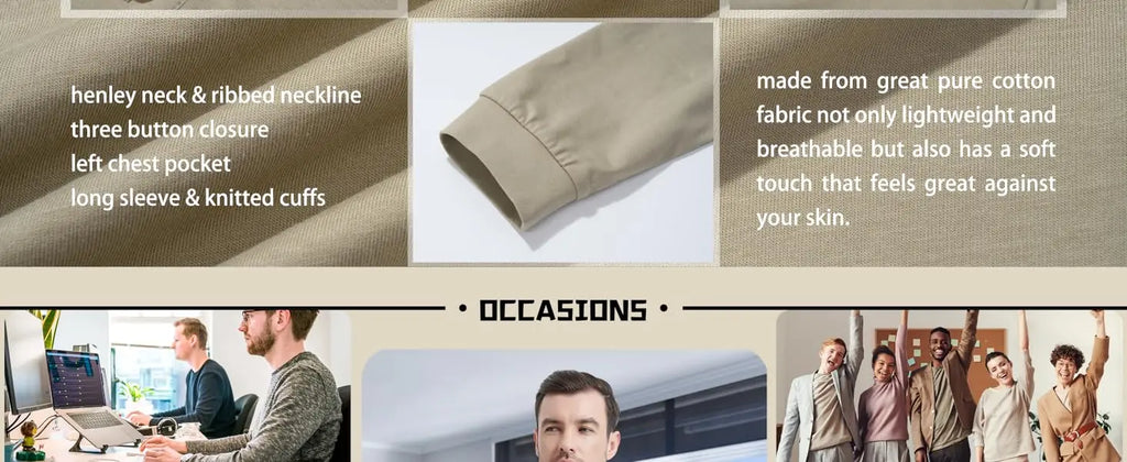 Henry Neck Long Sleeves Men's High Quality Cotton Henley Shirts Casual Button T-Shirt with Pocket Placket Fitted Tees