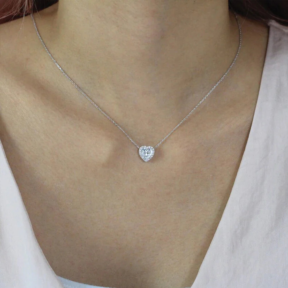 1-4 Carat Heart Cut Moissanite Halo Pendant Necklace for Women 925 Sterling Silver Love Necklace Anniversary Gift Fine Jewelry