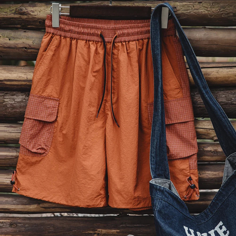 Summer Men Straight Shorts Orange Patchwork Gingham Loose Beach Pants Plus Size Shorts Elastic Waist Light Breathable