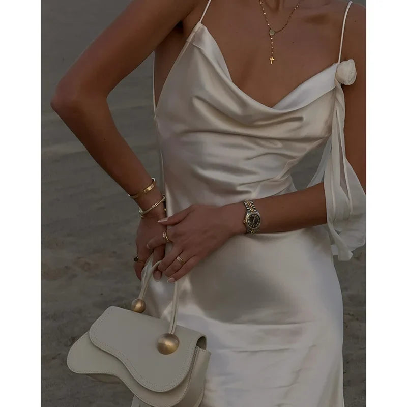 Elegant 3d Flowers Backless Dress Women Bodycon Swing Collar Sleeveless White Sling Maxi Robe 2025 Summer Lady Evevning Vestidos