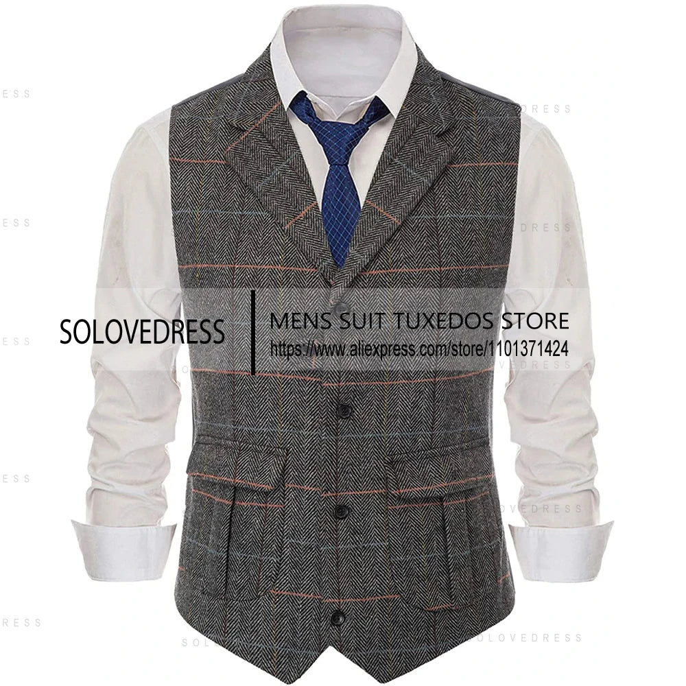 Men's Casual Suit Vest Notch Lapel with Two Pockets Herringbone Waistcoat for Wedding Groomsmen