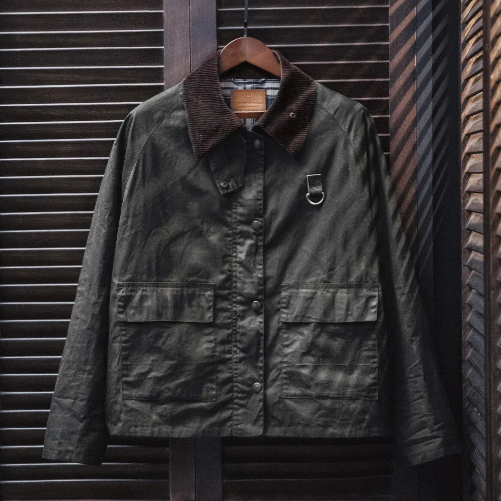 Vintage Spey Waxed Fishing Jacket Distressed Outdoor Corduroy Collar with Pockets Coat for Men's Autumn Classic Overcaot