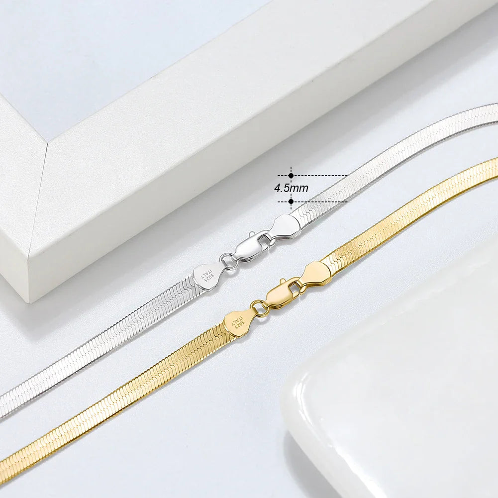 925 Sterling Silver 3mm Gold Flexible Flat Chain Herringbone Snake Chain Necklace for Women Neck Chain Jewelry SC35