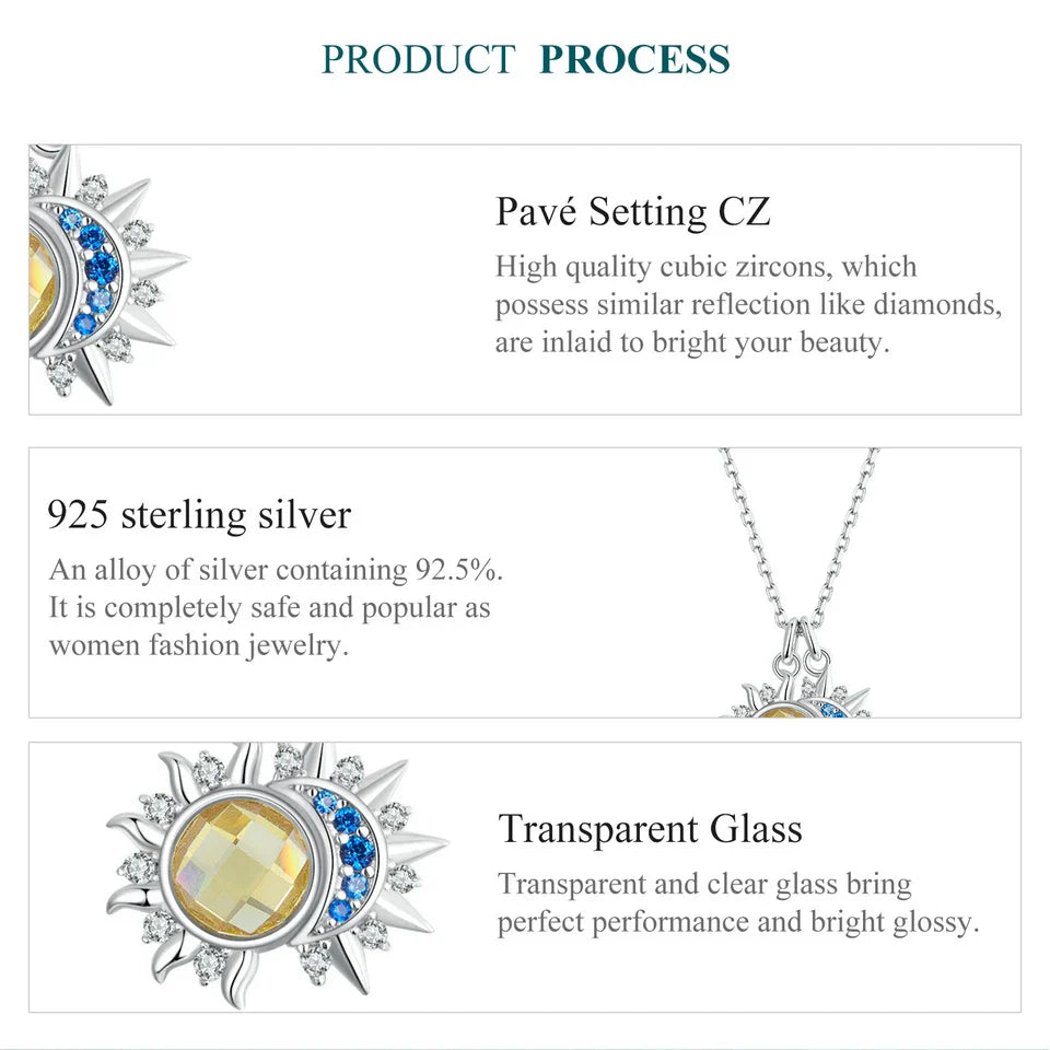 925 Sterling Silver White Gold Plated Sun and Moon Necklace Energy Pendant Neck Chain for Women Party Fine Jewelry Gift