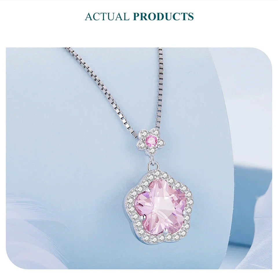 925 Sterling Silver Pink Flower Pendant Necklace Little Star Neck Chain Pave Setting CZ for Women Valentine's Day Gift