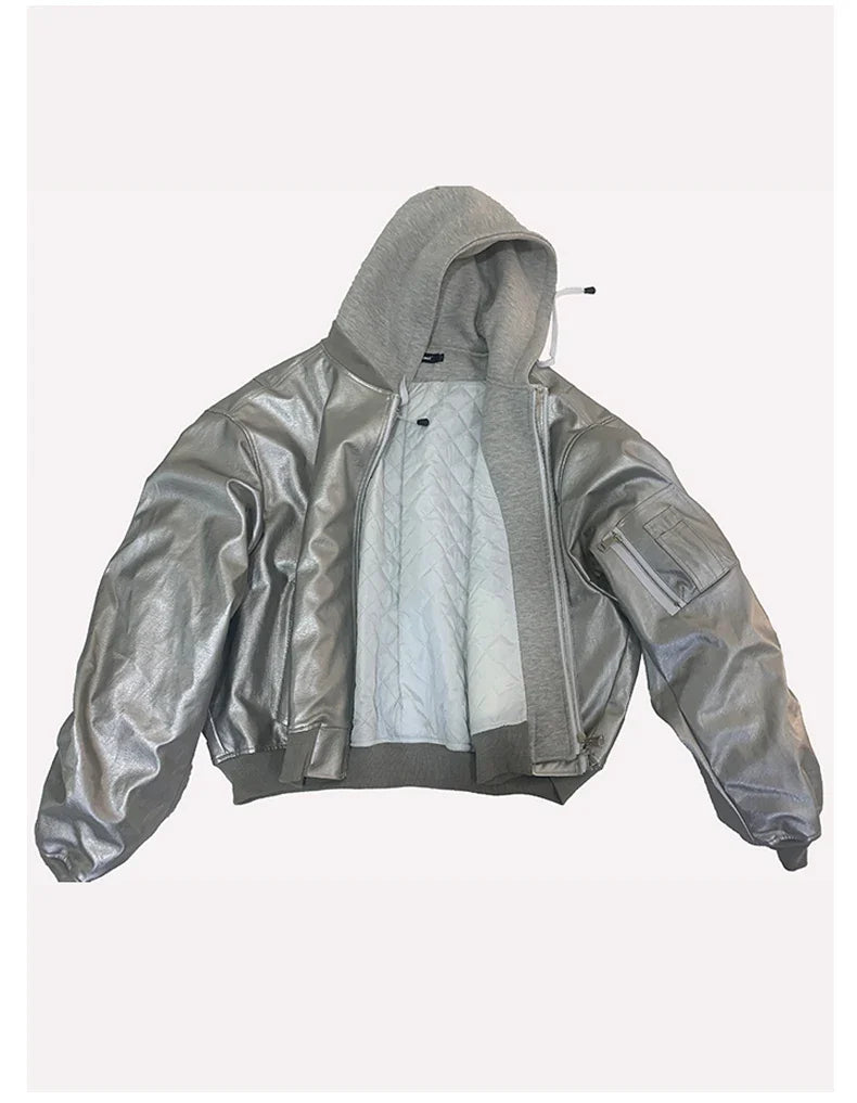 Autumn Winter Cool Handsome Oversized Brown Thickened Warm Leather Jacket Men with Hood Fake 2 Piece European Clothes