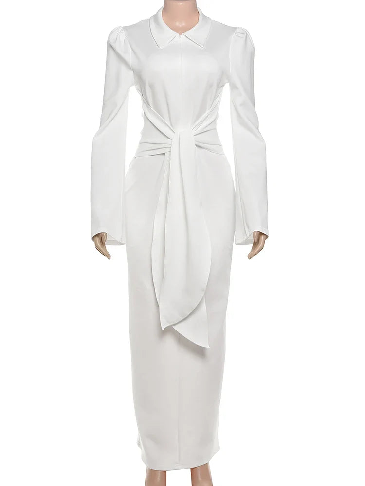 Sexy Maxi Dress Women Shoulder Padded Zip Wrapped Bandage Long Sleeve Slit Elegant Solid Office Simple Skinny Bodycon